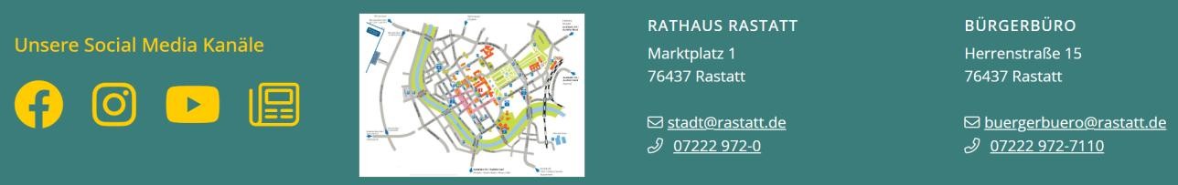 Logos der Sozialen Kanäle (Facebook, Instagram, YouTube, Stage), Karte der Straßen in Rastatt, Kontaktinformationen zum Rathaus und Bürgerbüro