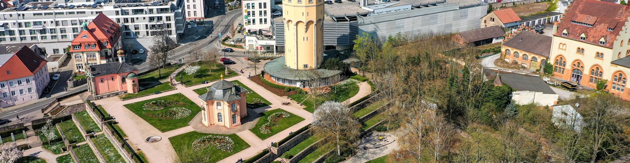 Grünanlage Pagodenburg. Foto: Stadtwerke Rastatt Luftaufnahme von der Pagodenburg