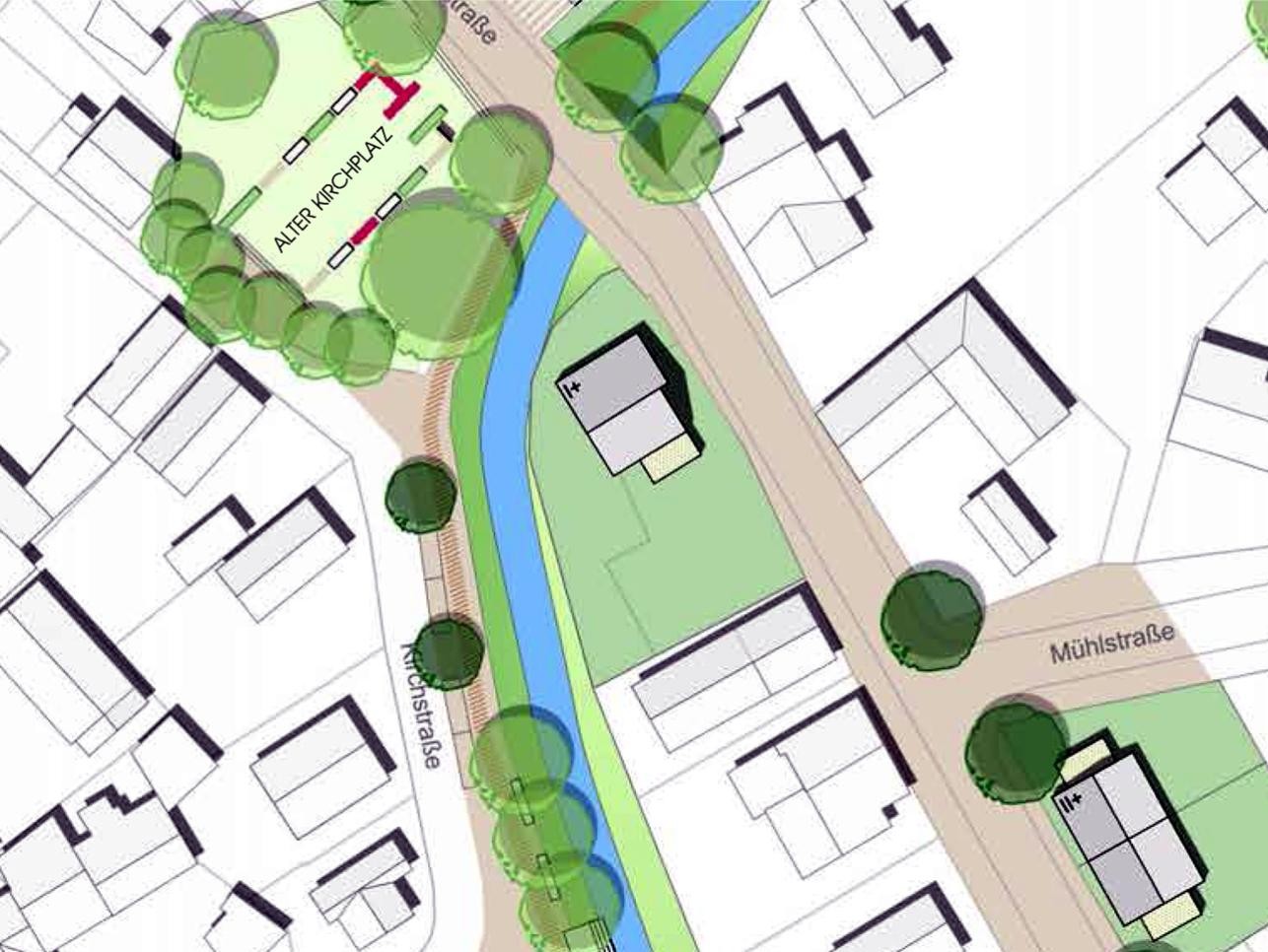 Der Alte Kirchplatz soll baulich aufgewertet werden. - Grafik: Gerhardt.stadtplaner.architekten Zeichnung für den alten Kirchplatz in Niederbühl mit Straßen, Häusern und Bachlauf
