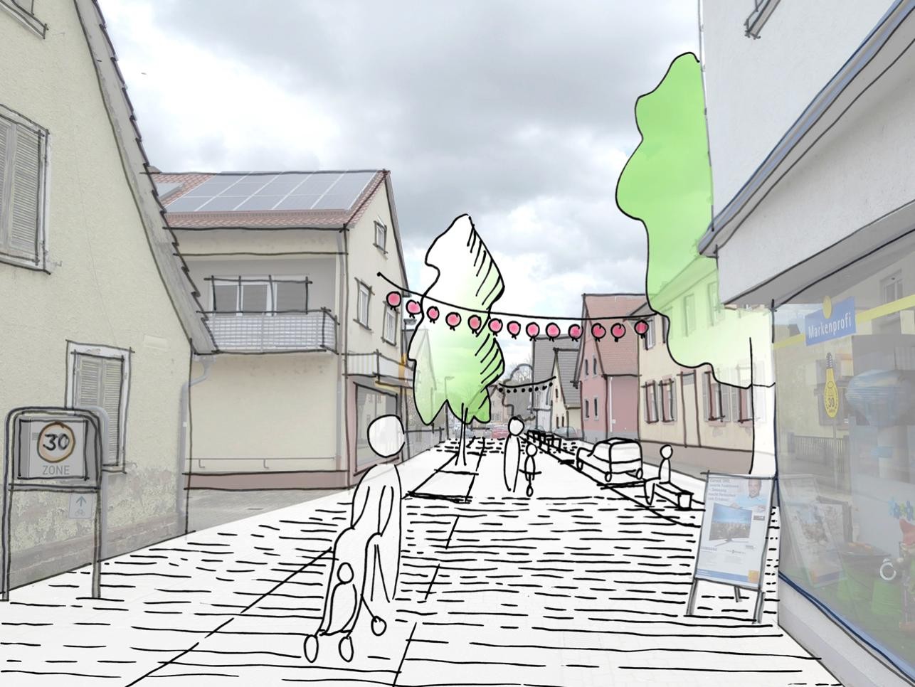 Grafik: Gerhardt.stadtplaner.architekten Planansicht der Hans-Thoma-Straße in Niederbühl mit Menschen, Fußgängerzone und Bäumen