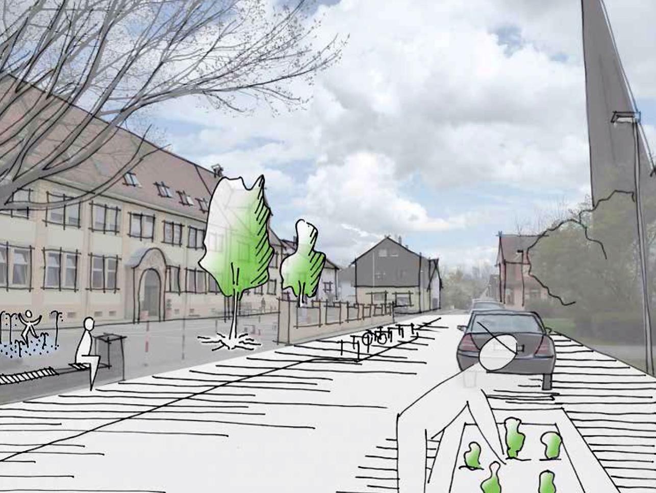 Die Funktion der Laurentiusstraße als Shared Space soll durch eine Neugestaltung verdeutlicht werden. - Grafik: Gerhardt.stadtplaner.architekten Planansicht der neuen Niederbühler Laurentiusstraße mit Straße, Bäumen und einem Blumenbeet