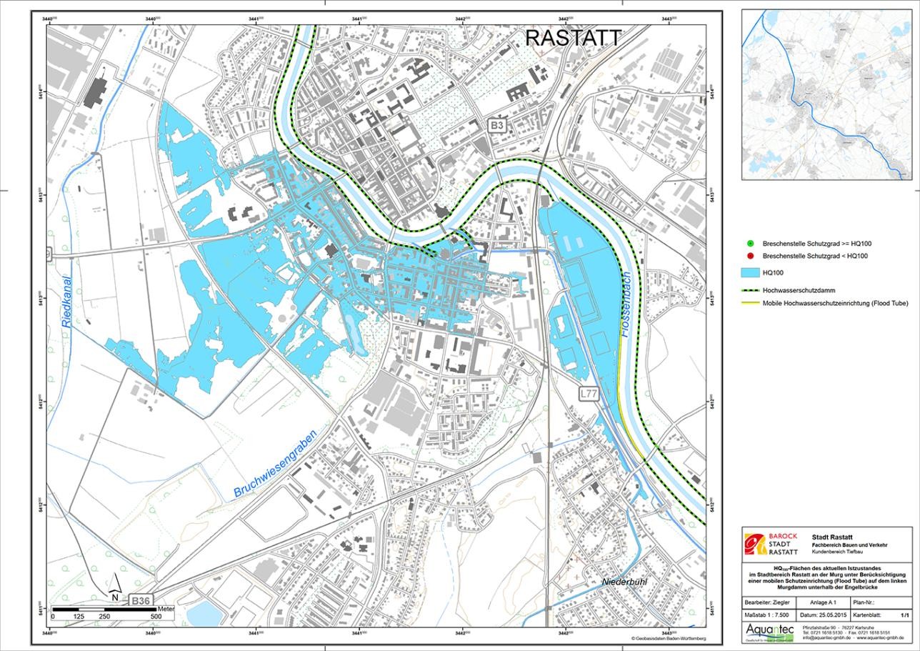 Aktuelle berechnete HQ100 Überflutungsfläche an der Murg in Rastatt (Stand 2023). Die Hochwasserschutzlinie bestehend aus Dämmen und Mauern ist grün- gelb markiert. Rastatt Karte Innenstadtbereich mit Überflutungsflächen der Murg