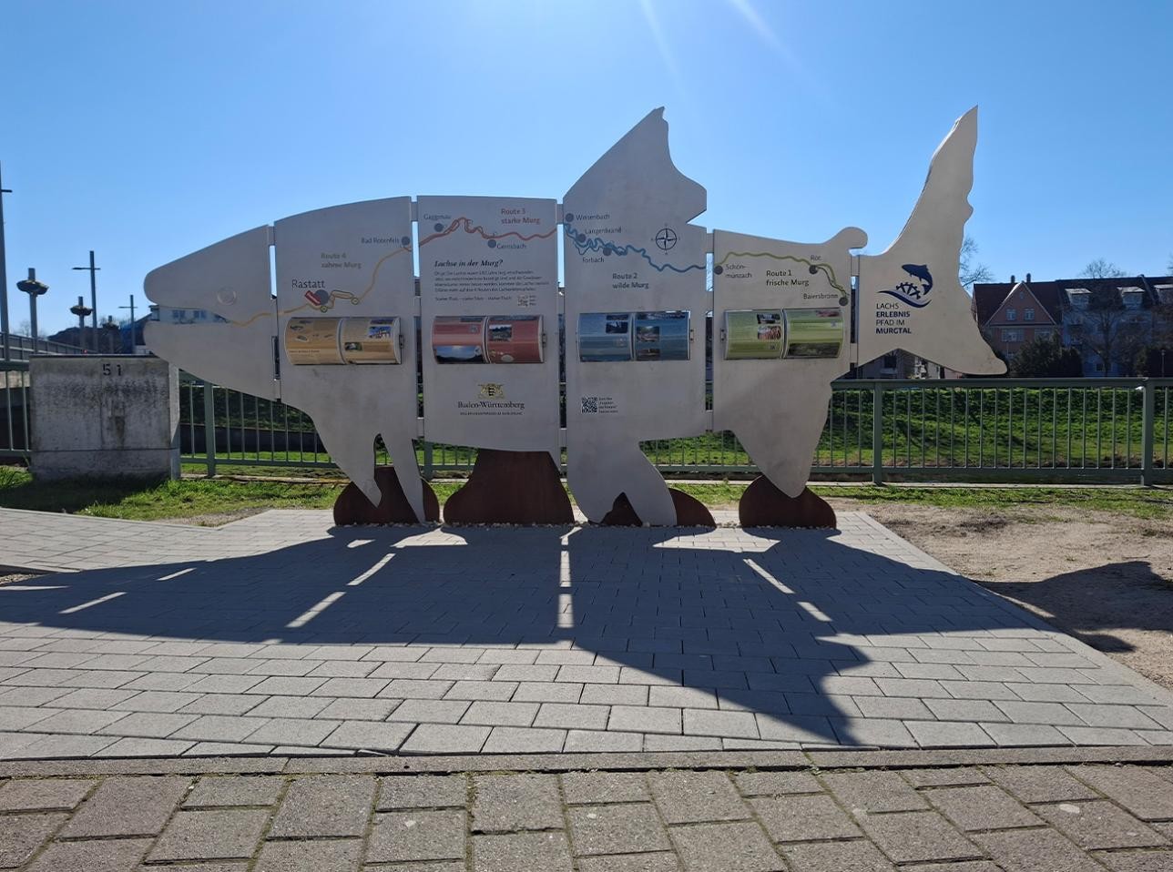 Der rund vier Meter lange Info-Lachs an der Badener Brücke ist zentraler Startpunkt für den neuen Erlebnispfad. Foto: Stadt Rastatt/Kerstin Bausch Die Informationstafel in Form eines Lachses an der Badener Brücke