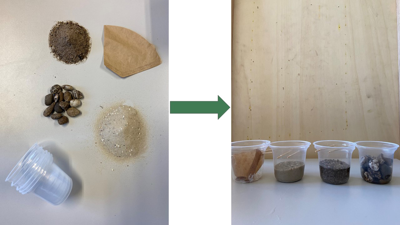 Plastikbecher, Kieselsteine, Schotter, Sand und Kaffefilter