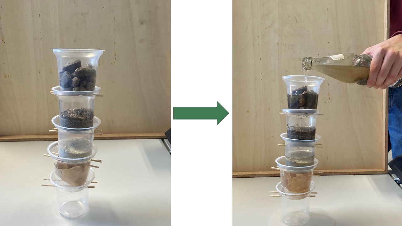 Becher mit Kieselsteinen, Schotter, Sand und Kaffeefilter befüllt